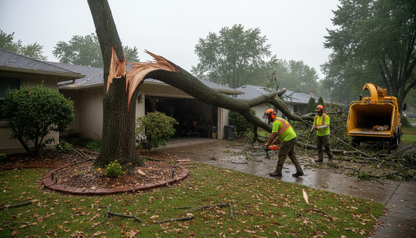 A storm-broken limb down across a driveway and roof edge, with a tree crew clearing it