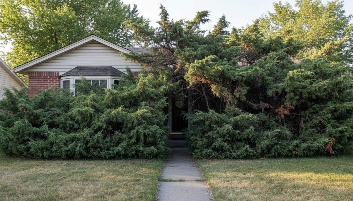 Severely overgrown foundation shrubs crowding the walkway and windows of a Boise home