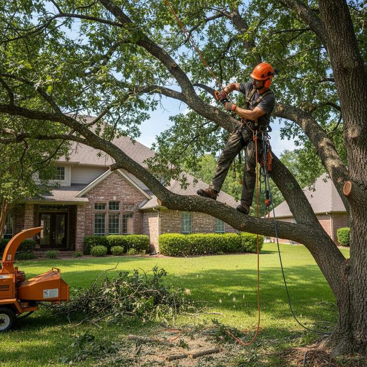 Arborist in a tree trimming branches with ropes and harness